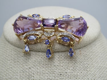 Vintage 14kt Amethyst, Tanzanite, Diamond Dangle Brooch, Statement Piece