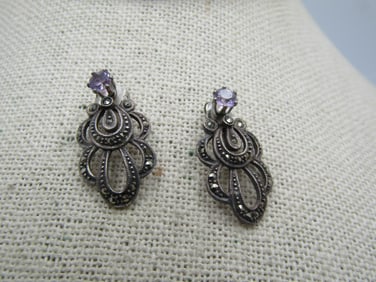 Vintage Sterling Amethyst Stud And Marcasite Skirt Earrings , 1980's, Signed