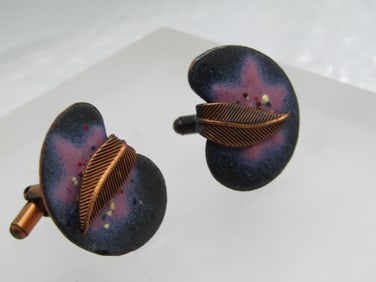 Vintage Copper Enameled Leaf Cufflinks, 1960's-1970's