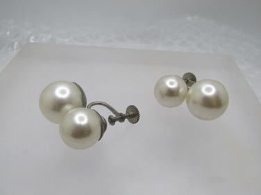 Vintage Double Faux Pearl Earrings, Japan, Screw Back, 1950's