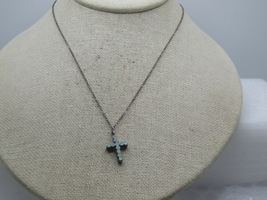 Vintage Sterling Southwestern Coral & Turquoise Cross Necklace, 16"