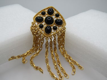Vintage Black Dangle Chain Brooch, Statement, 3"