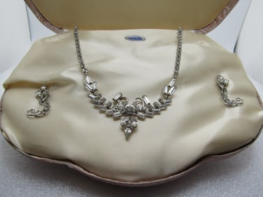 Vintage Sterling Rhinestone Demi Parure, Carl Art, Original Box, 1940's, Wedding Too.