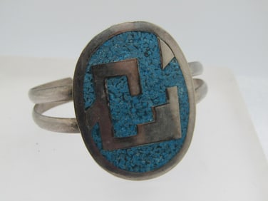 Vintage Inlaid Turquoise Southwestern Cuff Bracelet, 6.5", Alpaca, Unisex, 1960's-1970's