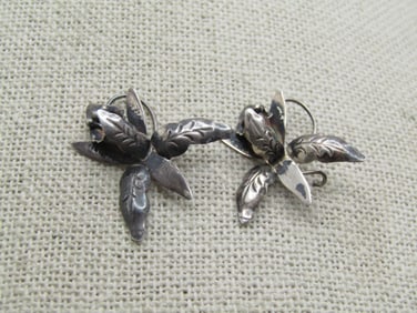 Vintage Sterling Orchid Blossom Earrings, Taxco, Signed, 1960's-1970's
