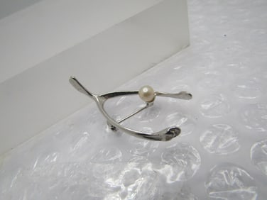Sterling Wishbone & Pearl Brooch, Beau Sterling, 1960's-1970's