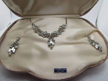 Vintage Sterling Rhinestone Demi Parure, Carl Art, Original Box, 1940's