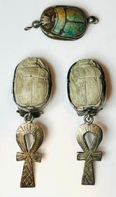 Vintage Hand carved Scarab Sterling Silver Earrings and Pendant Set