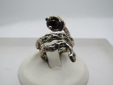 Vintage Sterling Wrapped Rattle Snake Ring, Amethyst Rattle, Sz. 5.75