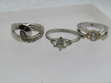Three Silver Plated Rhinestone Rings, Sz. 7 and 9
