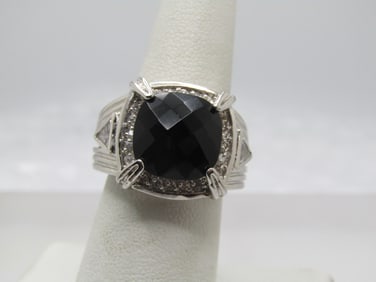 Silver Black/Clear Stone Ring, Statement, Sz. 7.25, Marked .925