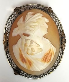 Large Vintage Hand-Carved Shell Cameo Filigree Brooch