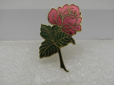 Vintage Cloisonne Rose Brooch, Signed, 1970's-1980's