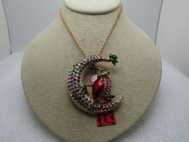 Enameled & Rhinestone Owl, Moon Necklace/Pendant, 22", Betsy Johnson, With Tags, 1990's-2000's
