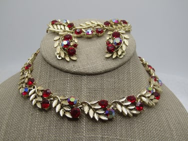Vintage Lisner Red Rhinestone, Necklace, Bracelet, Earrings, Set, 1950's-1960's, Leaf Motiff