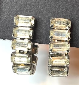 Vintage Art Deco Paste/Rhinestone Emerald Cut Hoop Earrings