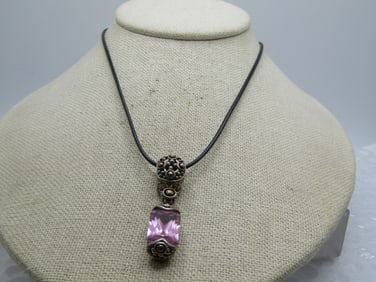 Vintage Sterling Pink Glass Slide Necklce, 20". Bali/Boho Themed