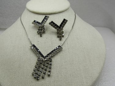 Vintage Rhinestone Necklace & Earrings, Black Clear V-Drop