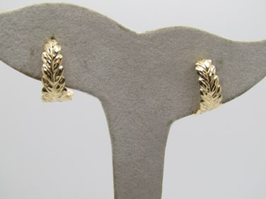 Vintage 14kt Leaf Half Hoop Earrings, Pierced, 1980's, Original Box
