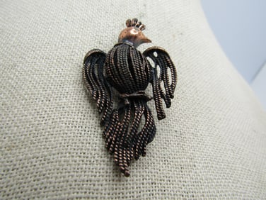 Vintage Copper Bird Brooch, Rhinestone Eye, 1950's-1960's