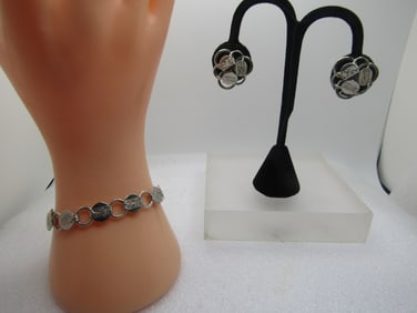 Vintage Round Decorative Link Bracelet & Earings Set, Clip, Sarah Coventry, 1970's