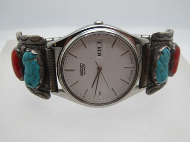 Vintage Sterling Zuni Turquoise Coral Watch Tips Watch, Seiko, 1960's-1970's, Signed M (Mike