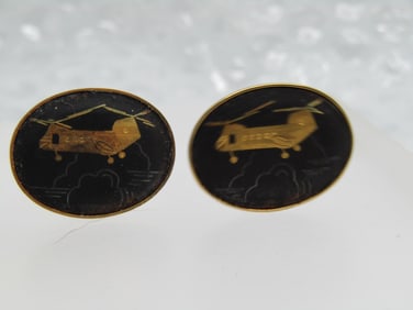 Vintage Damascene Helicopter Cufflinks, Signed Amita Japan