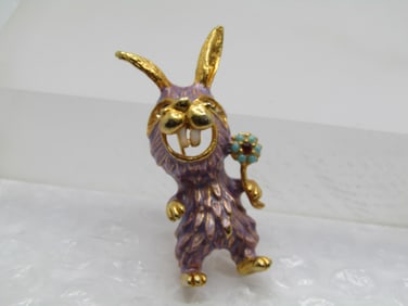 Vintage Enameled Rabbit with Flower Brooch, Rhinestone Eyes, 1980's-1990's