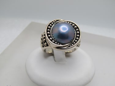 Sterling Blue Tahitian South Sea Cultured Pearl Ring, Bali Themed, Sz 7, 1990's, Signed