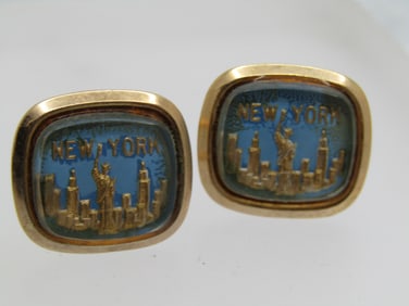 Vintage New York Souvenier Cufflinks, Blue/Gold Tone, 1950's-1960's