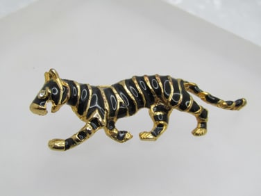 Vintage Enameled Tiger Brooch, Rhinestone Eye, 1980's