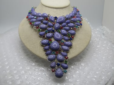 Costume Faux Purple Stone Statement Necklace, 22", Rhinestone Accents, 2000's