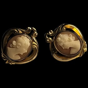 Vintage Ornate Shell Filigree Screw Back Cameo Earrings