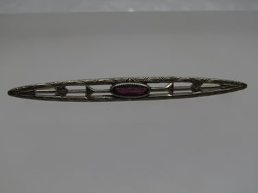 Vintage Pointed Bar Brooch, Purple Stone, 2.25" Signed G.T.