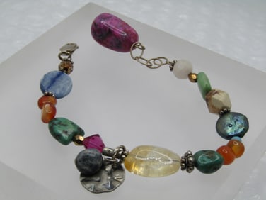 Vintage Sterling Mixed Stone Beaded Bracelet, 7.5"-8.5"