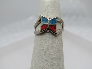 Silver Inlaid Red/Turquoise Butterfly Ring, Sz. 5, 2000's