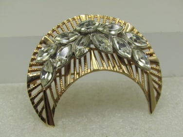 Vintage Clear Rhinestone Marquise Crescent Brooch, 1960's-1970's