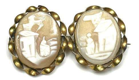 Vintage Twin Cameo Shell Brooch
