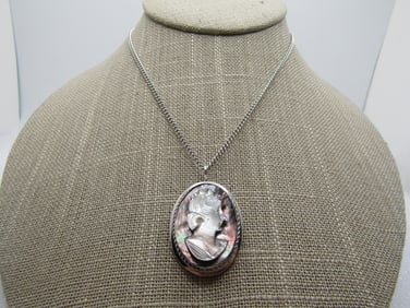 Vintage Sterling Van Dell Cameo Brooch Pendant on 18" Chain, 1940's-1960's