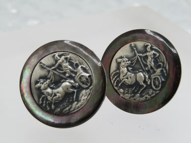 Vintage Roman Gladiator Cufflinks, Mother-of-Pearl, Swank, 1960's-1970's