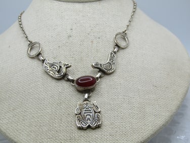 Vintage Sterling Tribal Carnelian Frog/Bird Necklace, Lavalier,  20" , Carol Felley