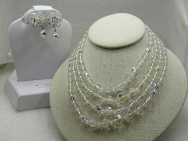 Vintage Four Strand Clear Crystal Necklce & Clip Earring Set, Aurora Borealis, 16", 1940's-1950's