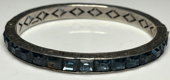 Art Deco Sterling & Faux Sapphire Rhinestone Channel Set Bracelet
