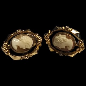 Vintage Ornate "CM" Shell Filigree Screw Back Cameo Earrings