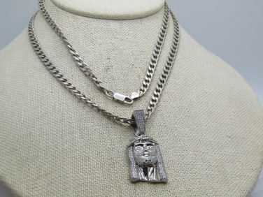 Vintage Sterling & Rhinestone Jesus Necklace, 28"