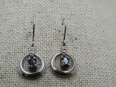 Vintage Sterling Dangle Sapphire Hoop Diamond Earrings, Diamond, Pierced, Signed