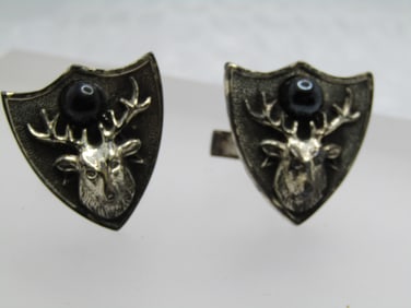 Vintage Buck/Elk Shield Cufflinks, Signed Kent, 1950's-1970's
