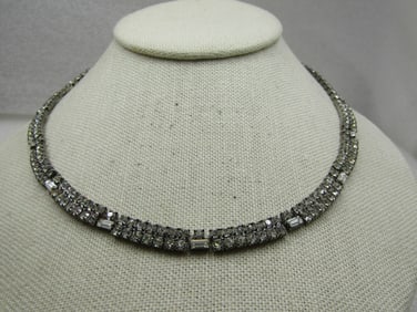 Vintage Clear Rhinestone Necklace, Curved Front, 16", 1940's