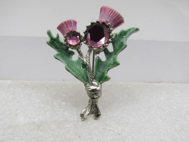 Vintage Purple Rhinestone Thistle Brooch, Signed Hollywood, 1950's-1960's