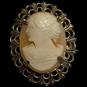 Vintage Ornate Silver Hand-Carved Shell Filigree Cameo Pin/Brooch